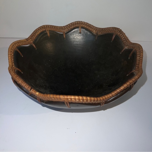 Vintage Wood Clay and Rattan bowl. woven wicker trim Hand Crafted In Indonesia - Picture 10 of 10